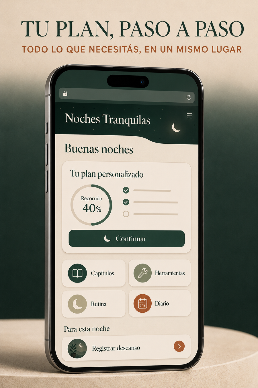 Panel principal de Noches Tranquilas con una ruta personalizada paso a paso.