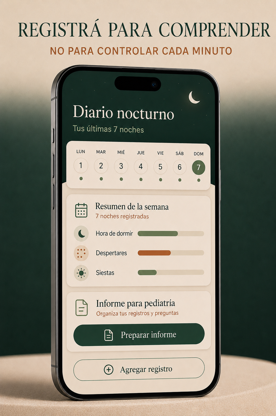 Diario y progreso en Noches Tranquilas. Registra para comprender, no para controlar cada minuto.