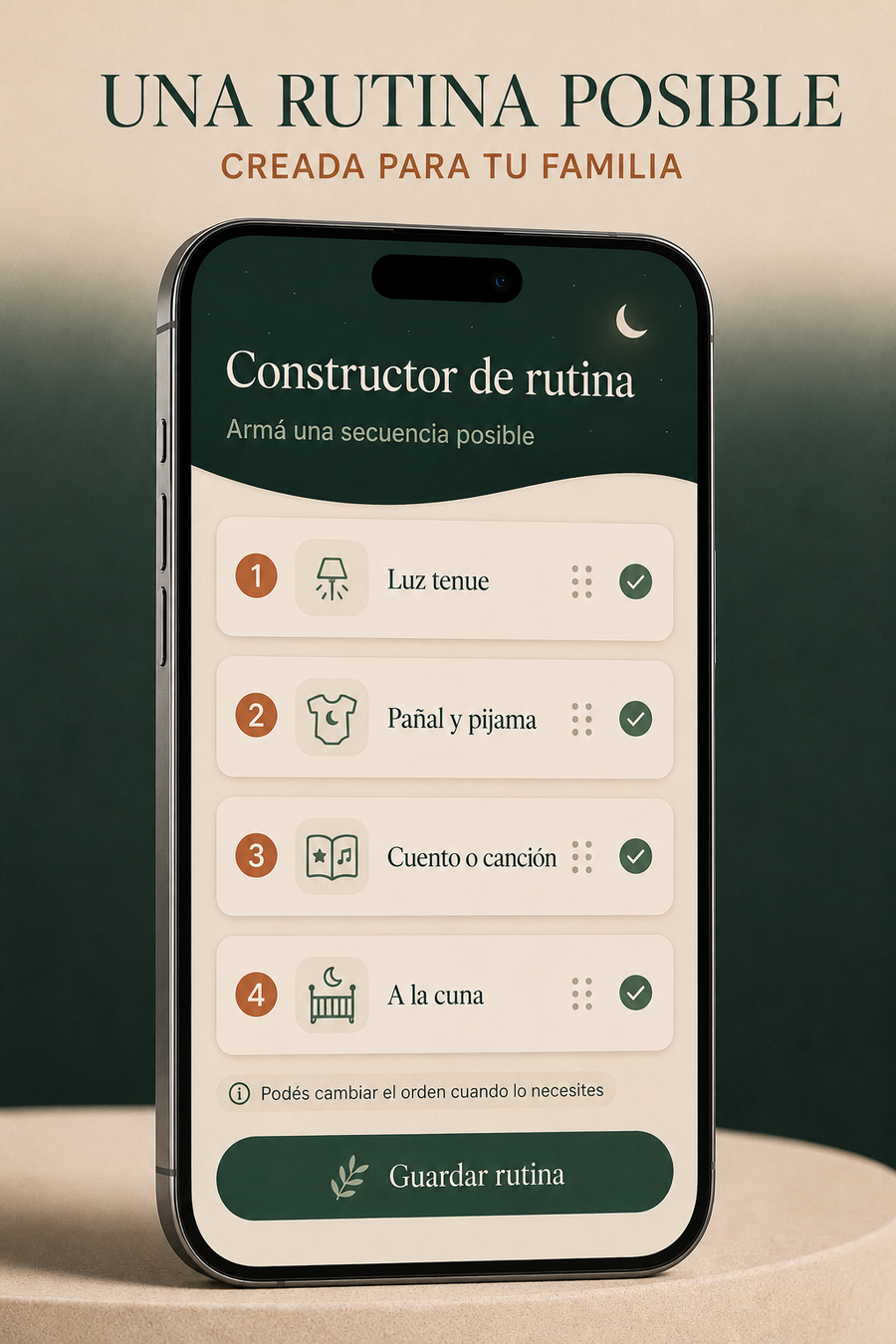 Constructor de rutina de Noches Tranquilas. Una rutina posible, creada para tu familia.