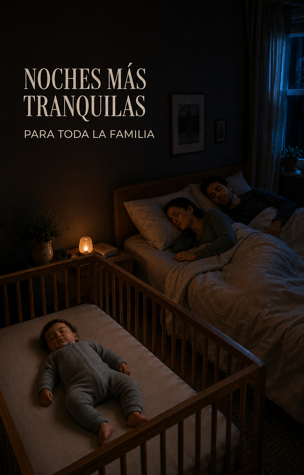 Familia descansando en un ambiente nocturno. Noches más tranquilas para toda la familia.