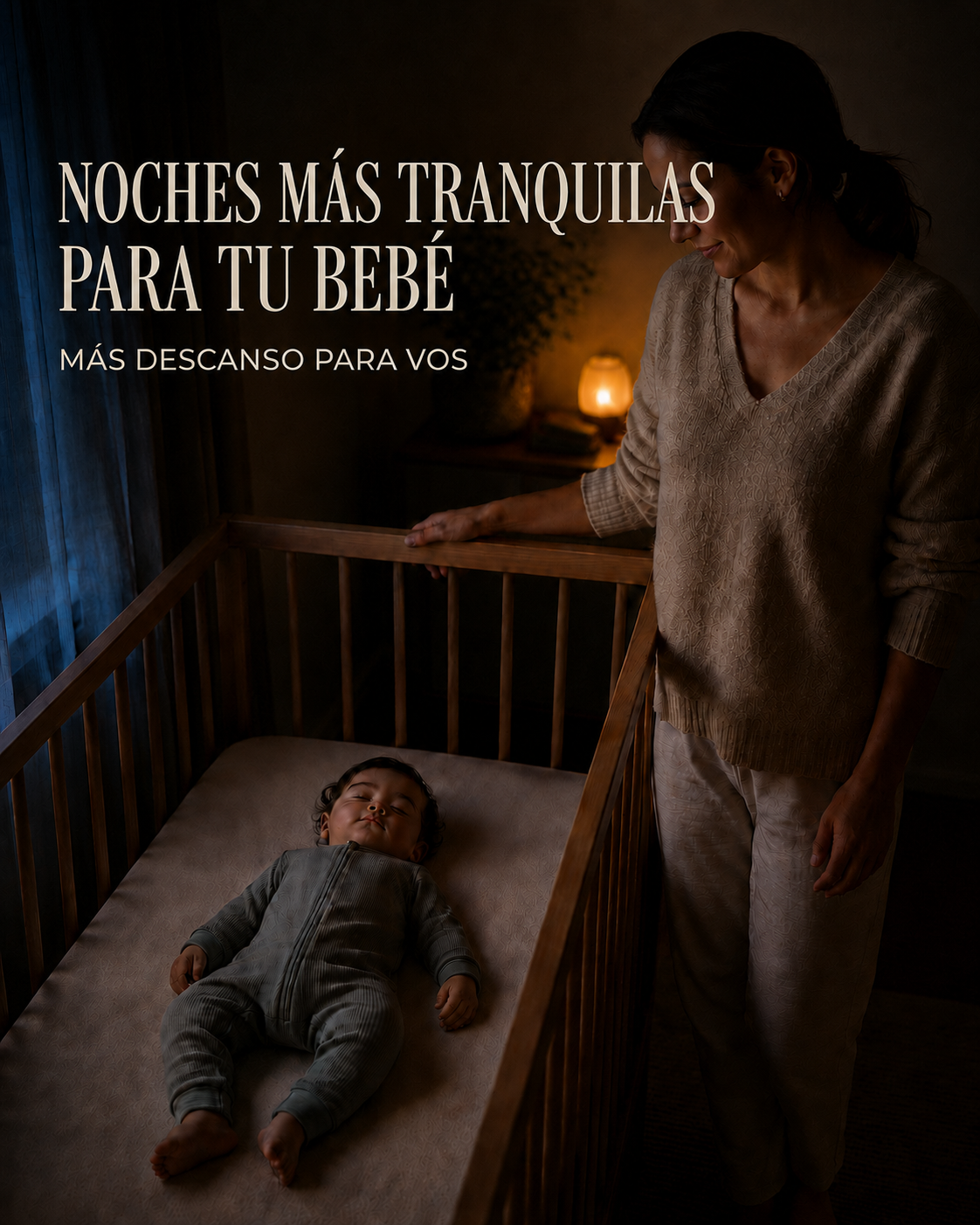 Madre junto a su bebé dormido en un ambiente nocturno. Noches más tranquilas para tu bebé, más descanso para vos.