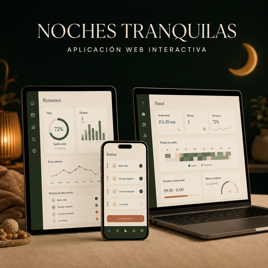 Noches Tranquilas, aplicación web interactiva de sueño infantil en celular, tablet y computadora.